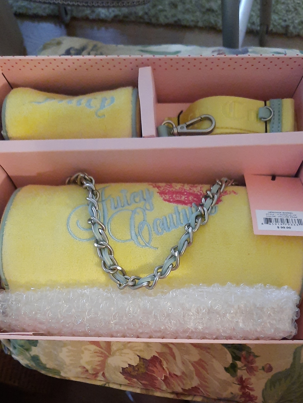 Juicy Couture Yellow Velvet Logo Wristlet with Silver Chain